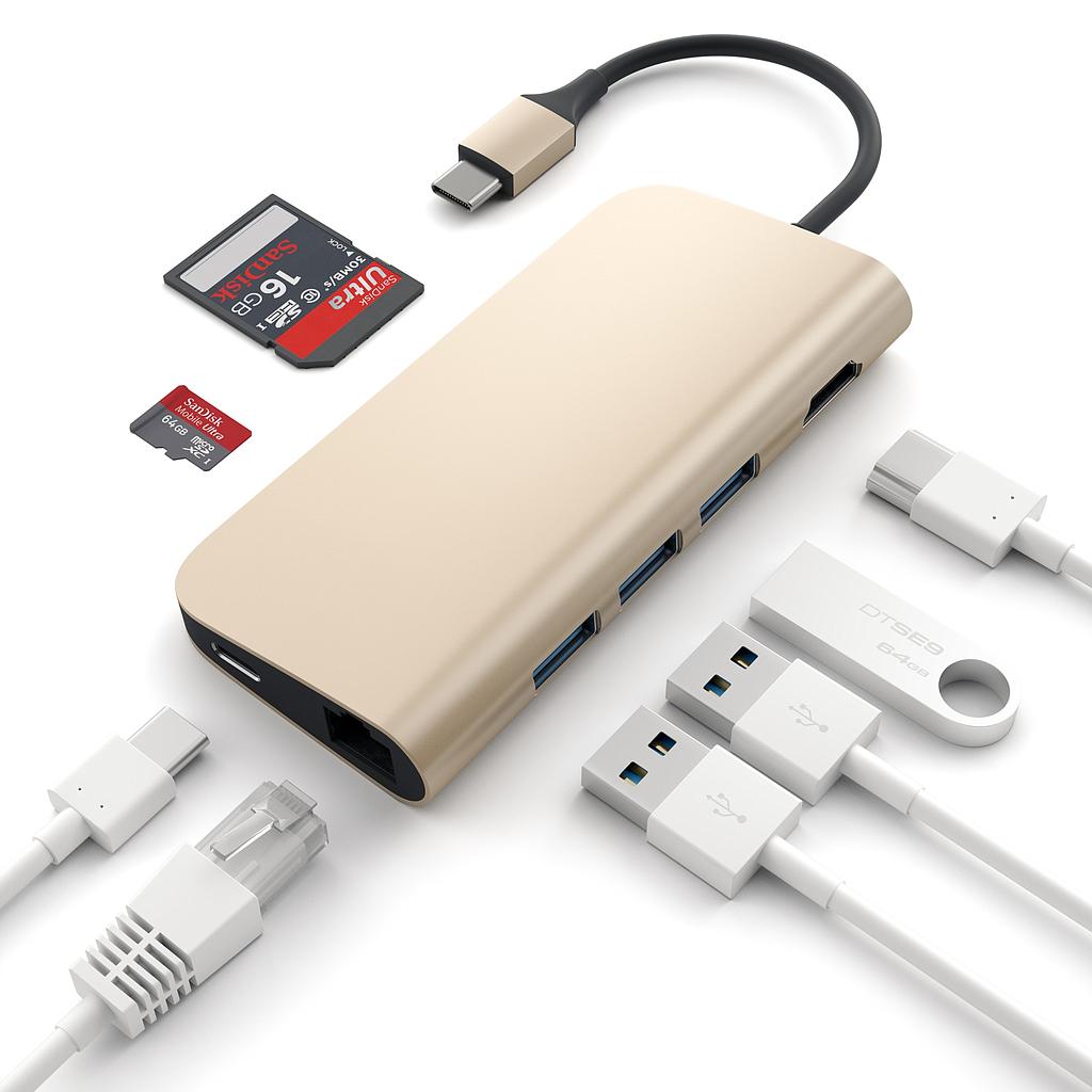 Adaptateur USB-C Satechi aluminum multi-port adapter 4K -> HDMI, USB, SD, Micro SD, Ethernet Gold doré