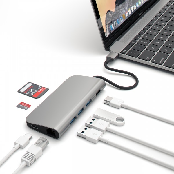 Adaptateur USB-C Satechi aluminum multi-port adapter 4K -> HDMI, 3 USB, 1 USB-C, SD, Micro SD, ETHERNET Space Gray gris sidéral SATEA006F