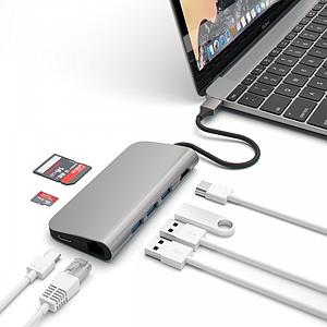 Adaptateur USB-C Satechi aluminium multi-port adapter 4K -> HDMI, 3 USB, 1 USB-C, SD, Micro SD, ETHERNET Space Gray gris sidéral 
New ref : 018-742549